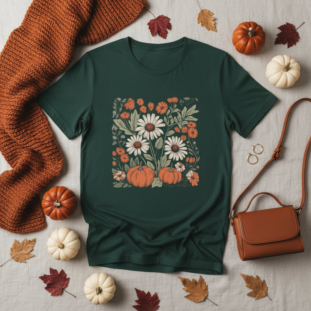 A dark green short-sleeve crewneck t-shirt featuring a square graphic print on the chest with white daisies, orange flowers, and orange pumpkins.