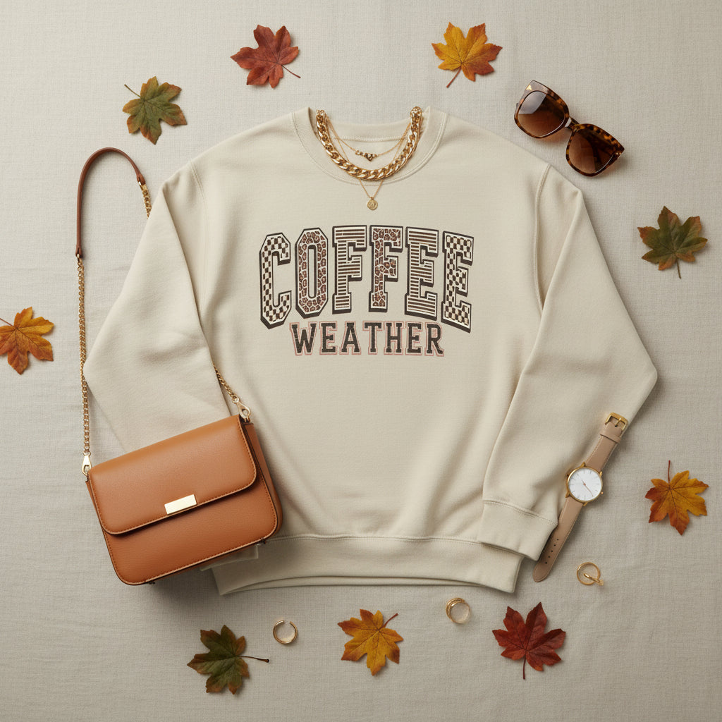 Beige sweatshirt with a paw print design and text on a white background