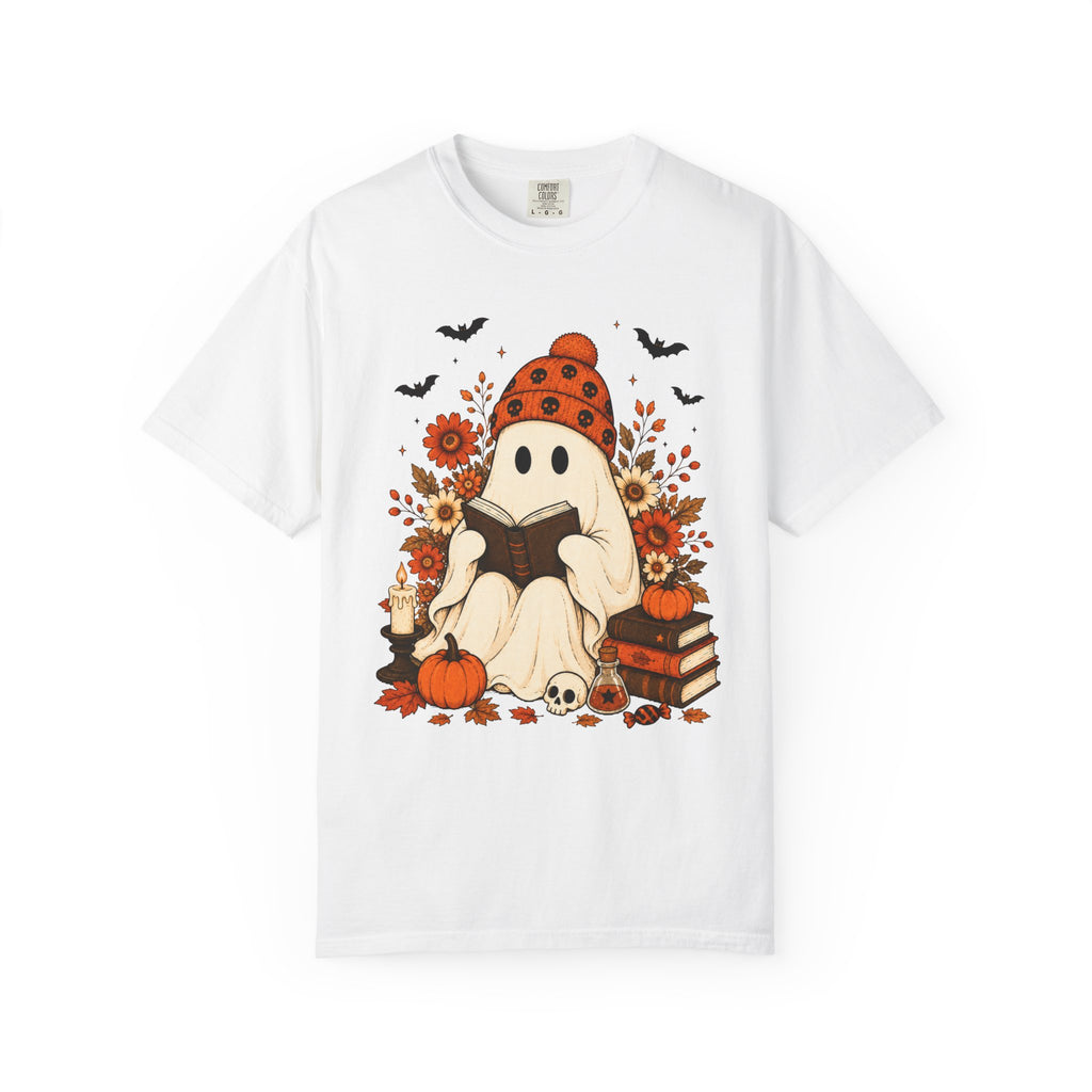 Cozy Halloween Ghost Tee — Reading Ghost with Pumpkin & Books