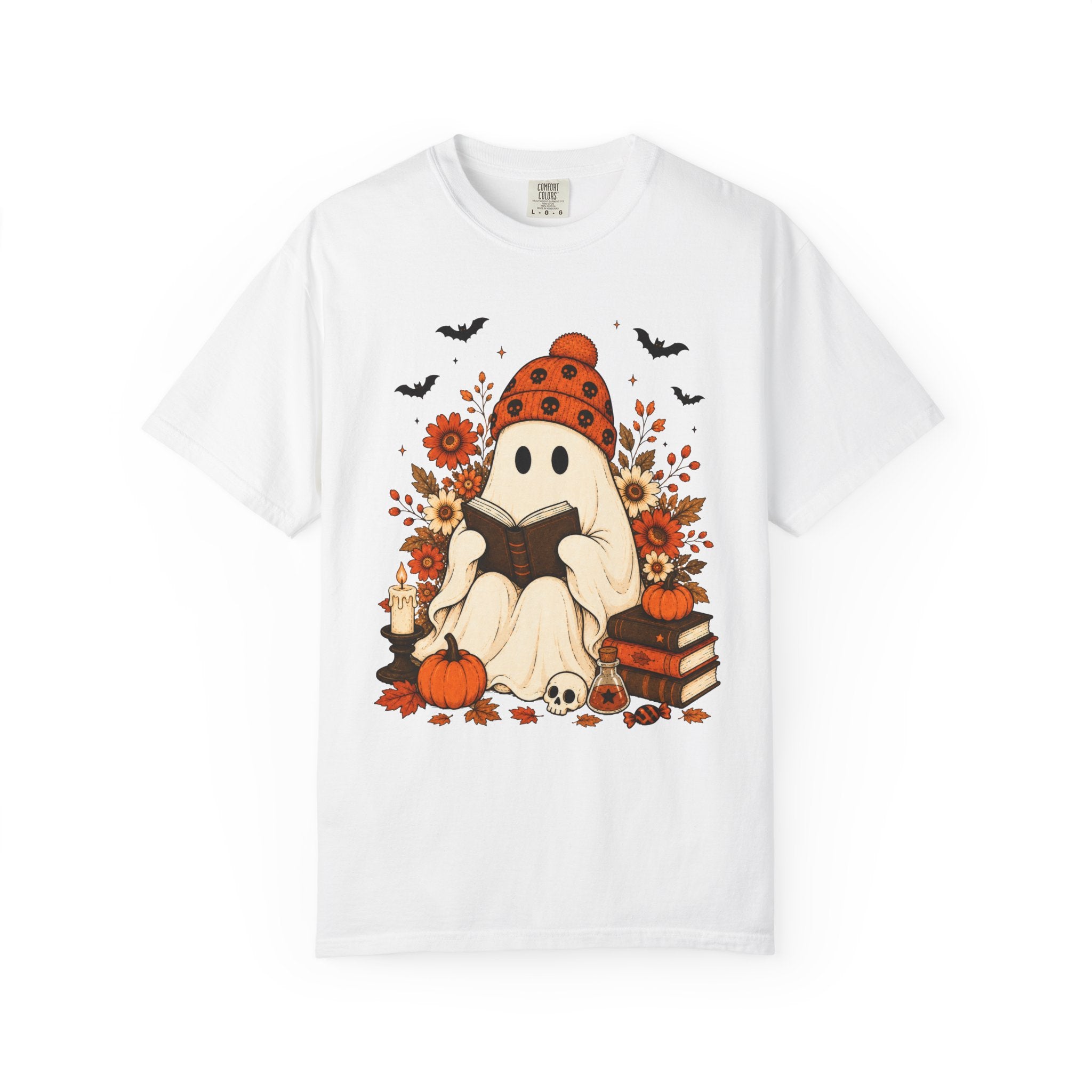 Cozy Halloween Ghost Tee — Reading Ghost with Pumpkin & Books