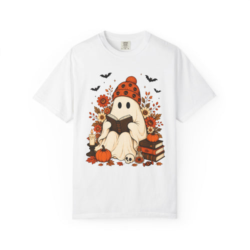 Cozy Halloween Ghost Tee — Reading Ghost with Pumpkin & Books
