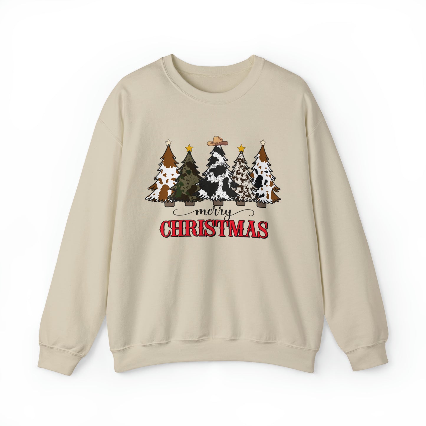 Cowboy and Cowgirl Christmas Sweatshirt, Cute Cowhide Christmas Tree Sweatshirt, Western Holiday Cozy Sweater, Christmas Shirt Gift Idea - Teez Closet