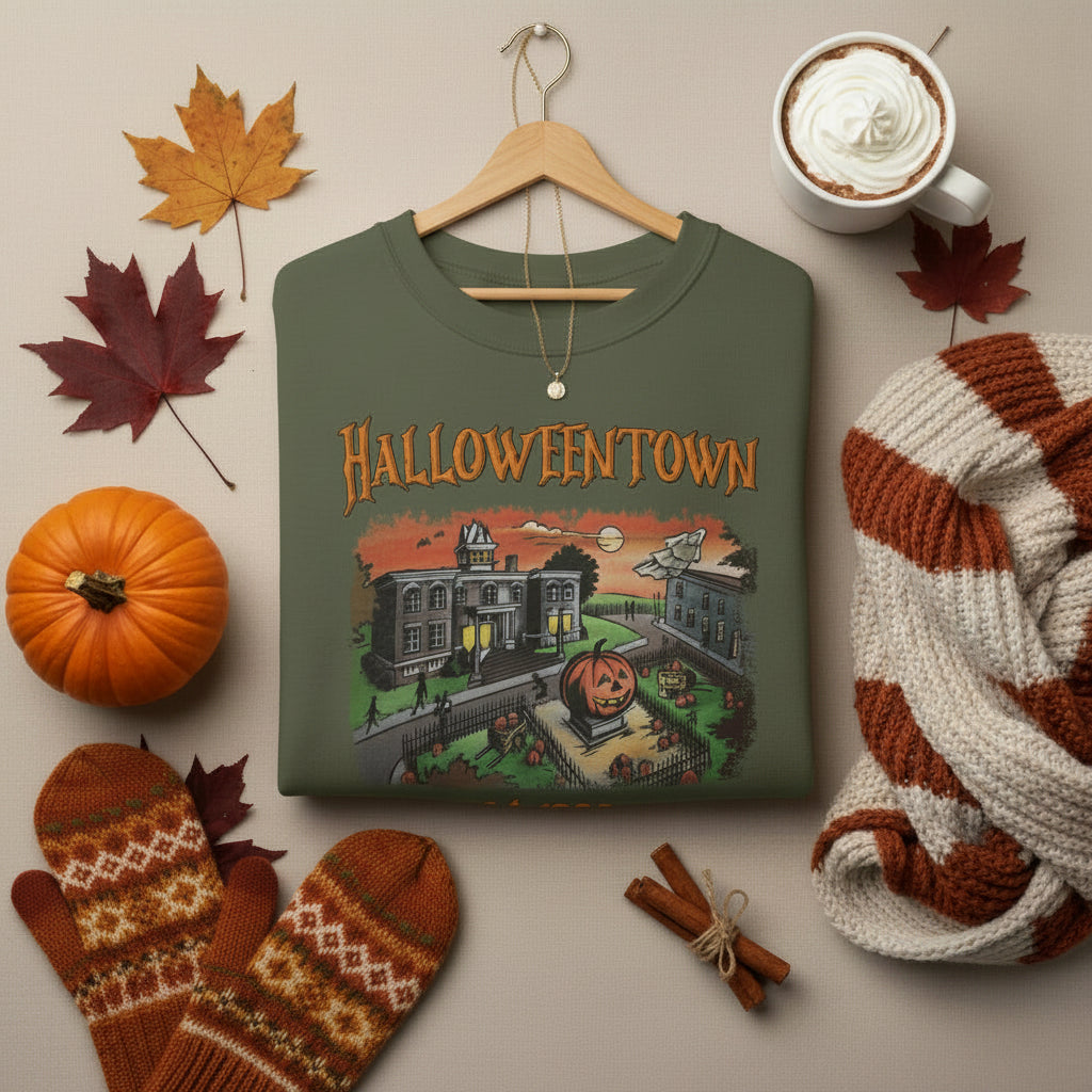 A military green crewneck sweatshirt featuring a colorful graphic print of a haunted house in Halloween town with the text 'HALLOWEENTOWN' and 'Est. 1998'.