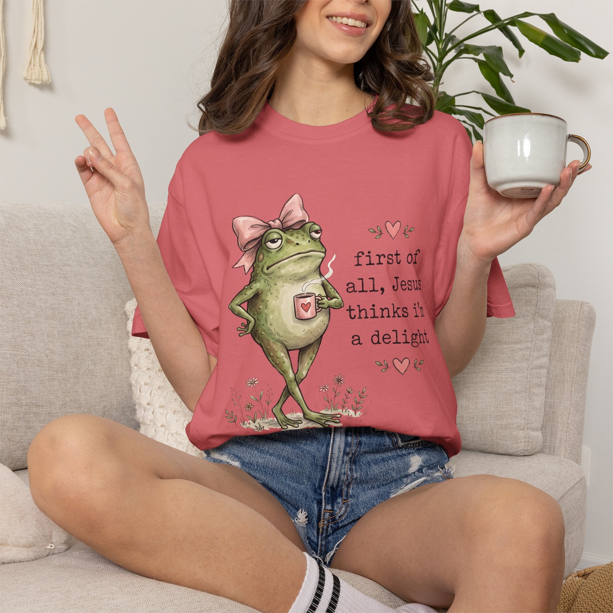 Christian Frog Funny Graphic Tee — "First of All, Jesus Thinks I'm a Delight" Coffee T-Shirt