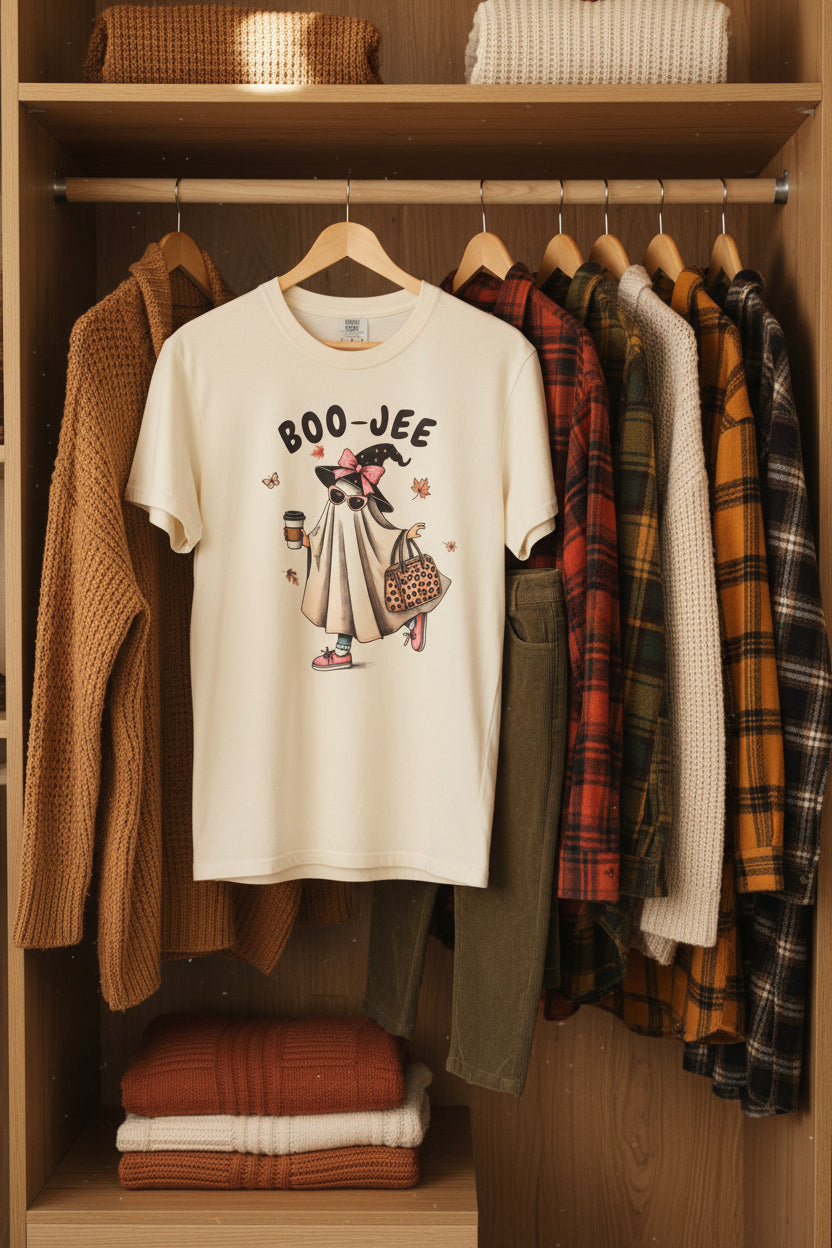 An off-white short-sleeve t-shirt with a graphic of a ghostly dog dressed as a witch, holding a coffee cup and a leopard-print handbag, with the text 'BOO-JEE' above it.