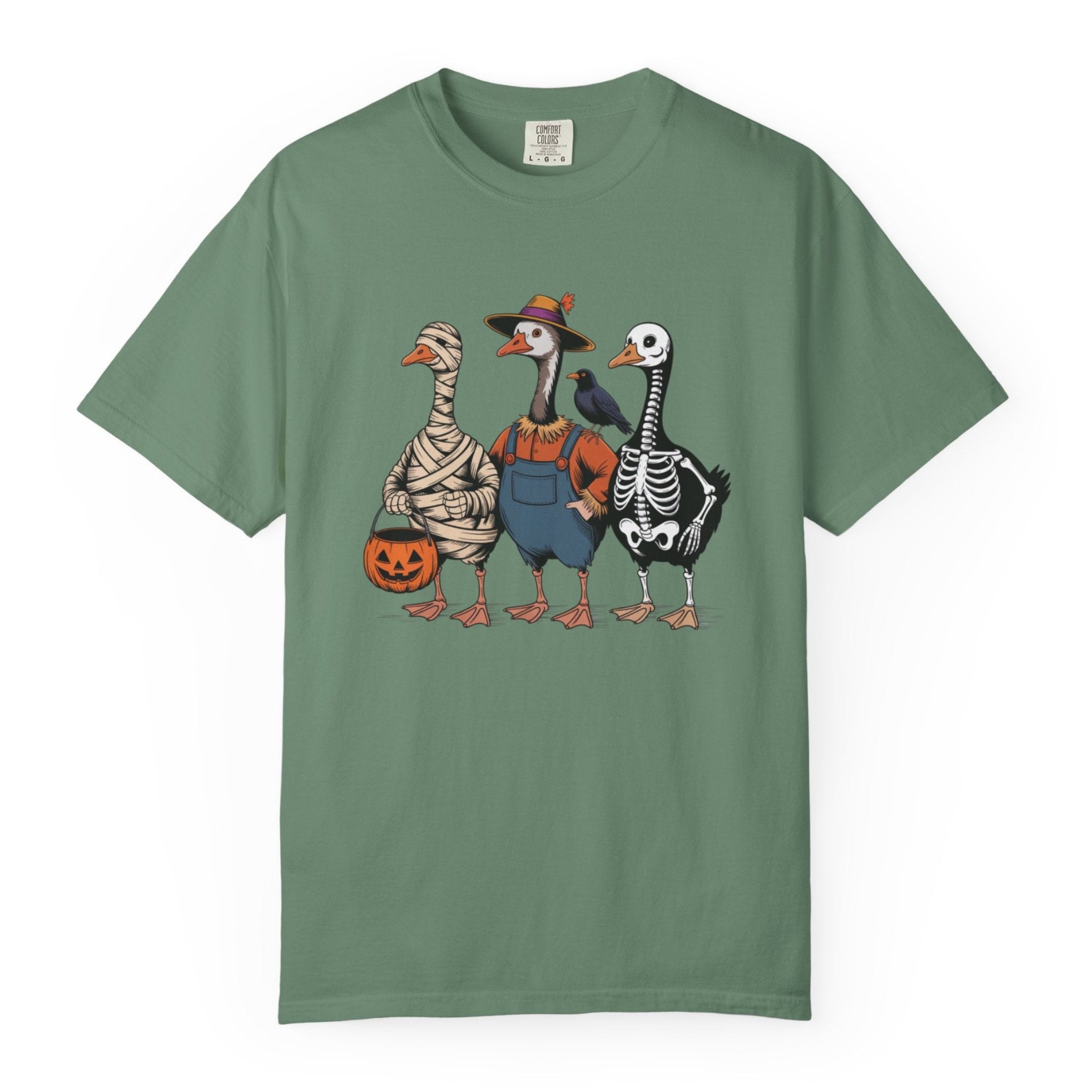 Halloween Geese Costume T-Shirt — Cute Trio in Mummy, Pumpkin & Skeleton Outfits