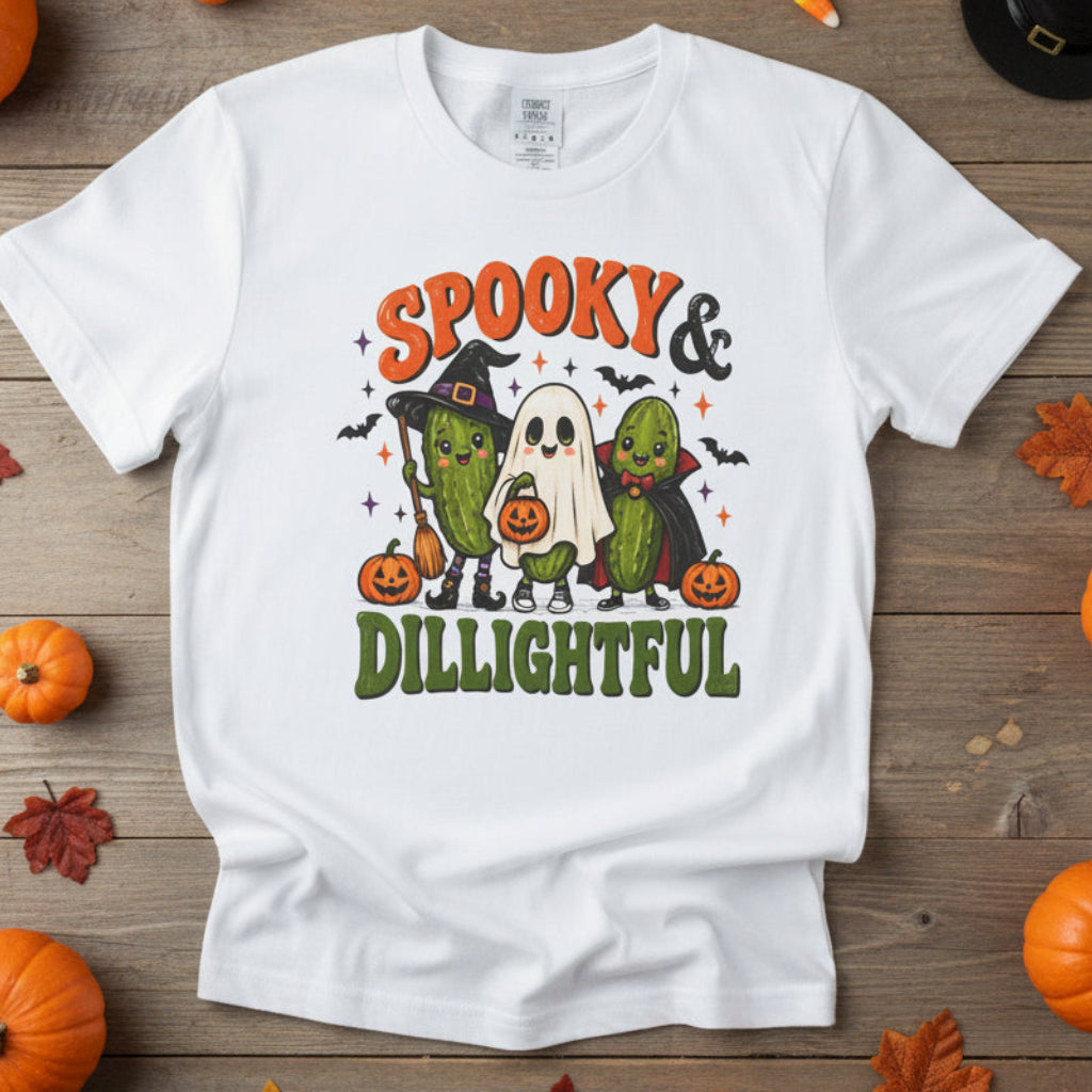 A white short-sleeve crewneck t-shirt featuring a colorful Halloween graphic of three pickle characters dressed as a witch, ghost, and zombie, with the text 'SPOOKY & DILIGHTFUL' in orange and green.