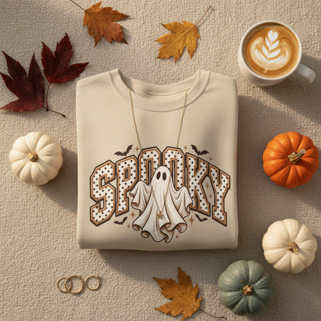 A beige crewneck sweatshirt featuring a 'Spooky' graphic on the chest with a white ghost and brown polka-dot details, displayed on a clean white background.