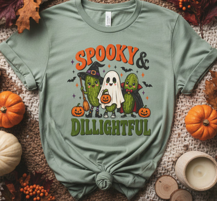 A sage green short-sleeve t-shirt with a colorful Halloween graphic featuring three cacti dressed as witches, a ghost, and a cactus, with the text 'SPOOKY & DILIGHTFUL' printed on the front.