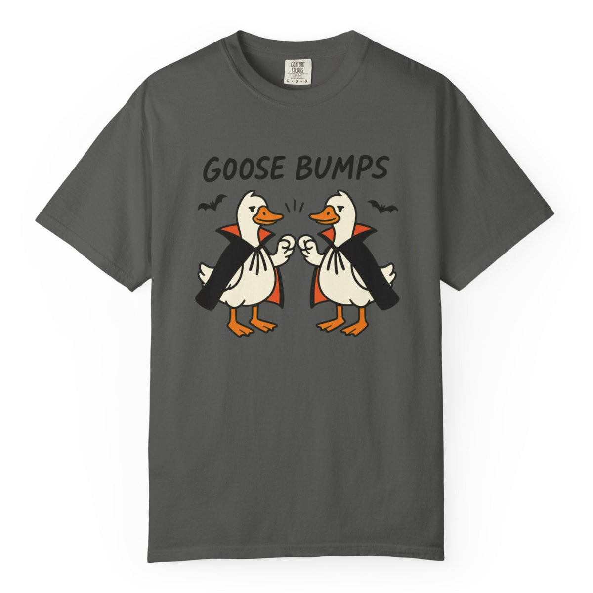 A pepper short-sleeve t-shirt with a graphic of two geese in black and orange, with the text 'GOOSE BUMPS' above them