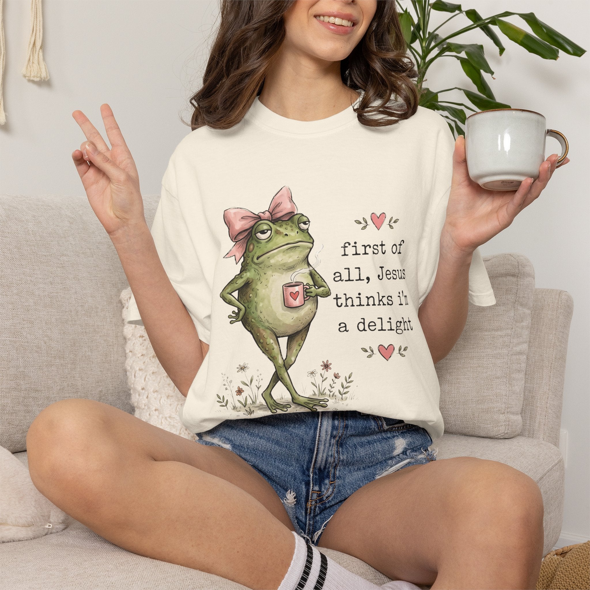 Christian Frog Funny Graphic Tee — "First of All, Jesus Thinks I'm a Delight" Coffee T-Shirt