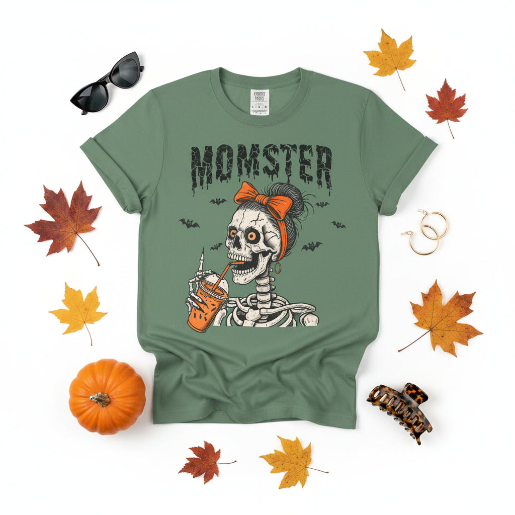 A sage green short-sleeve t-shirt with a Halloween graphic of a skeleton woman with an orange bow holding an orange drink, with the word 'MOMSTER' printed above in a distressed black font.