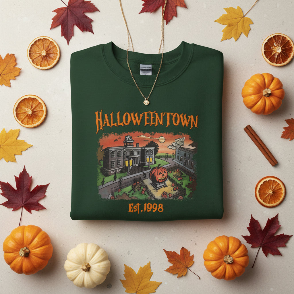 A dark green crewneck sweatshirt featuring a colorful graphic print of a haunted Halloween town with a pumpkin patch, haunted house, and the text 'HALLOWEENTOWN Est. 1998' in orange.