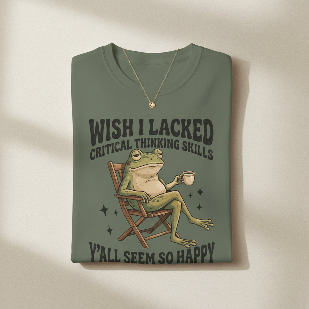 An olive green short-sleeve t-shirt with a graphic of a green frog sitting in a wooden chair holding a coffee mug, with the text 'WISH I LACKED CRITICAL THINKING SKILLS' above and 'Y'ALL SEEM SO HAPPY' below.