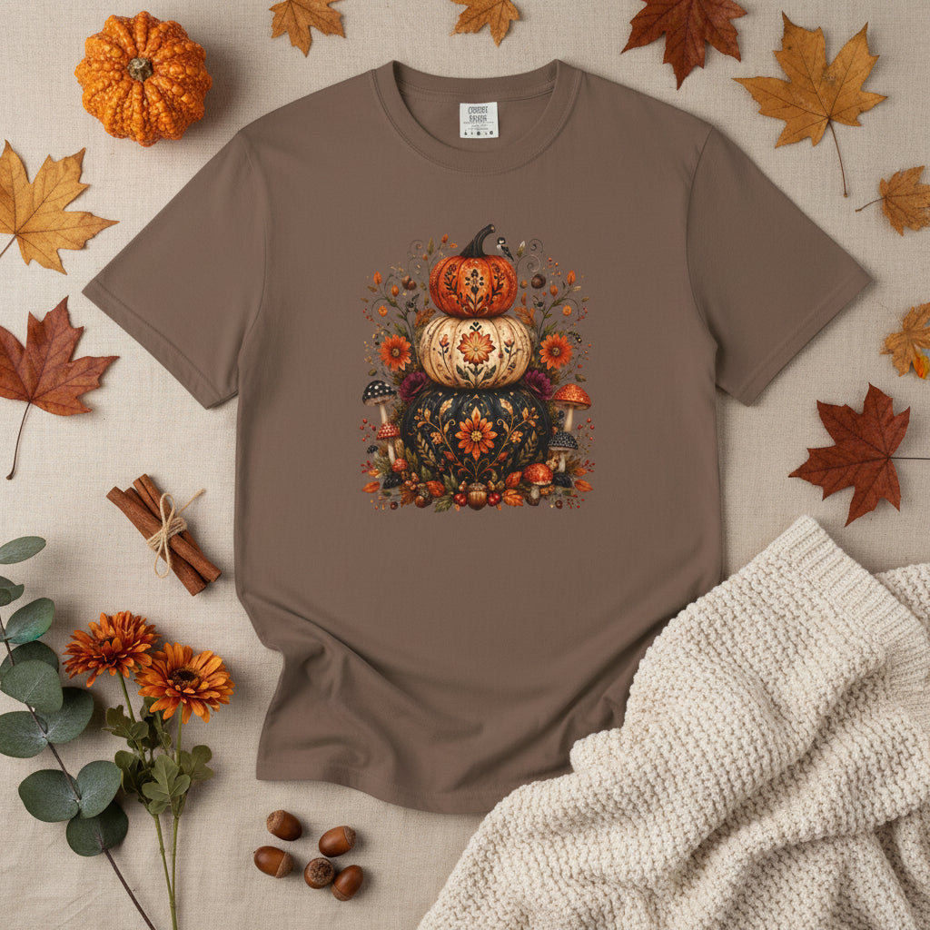 Halloween Stacked Pumpkins T-Shirt — Autumn Floral Boho Tee