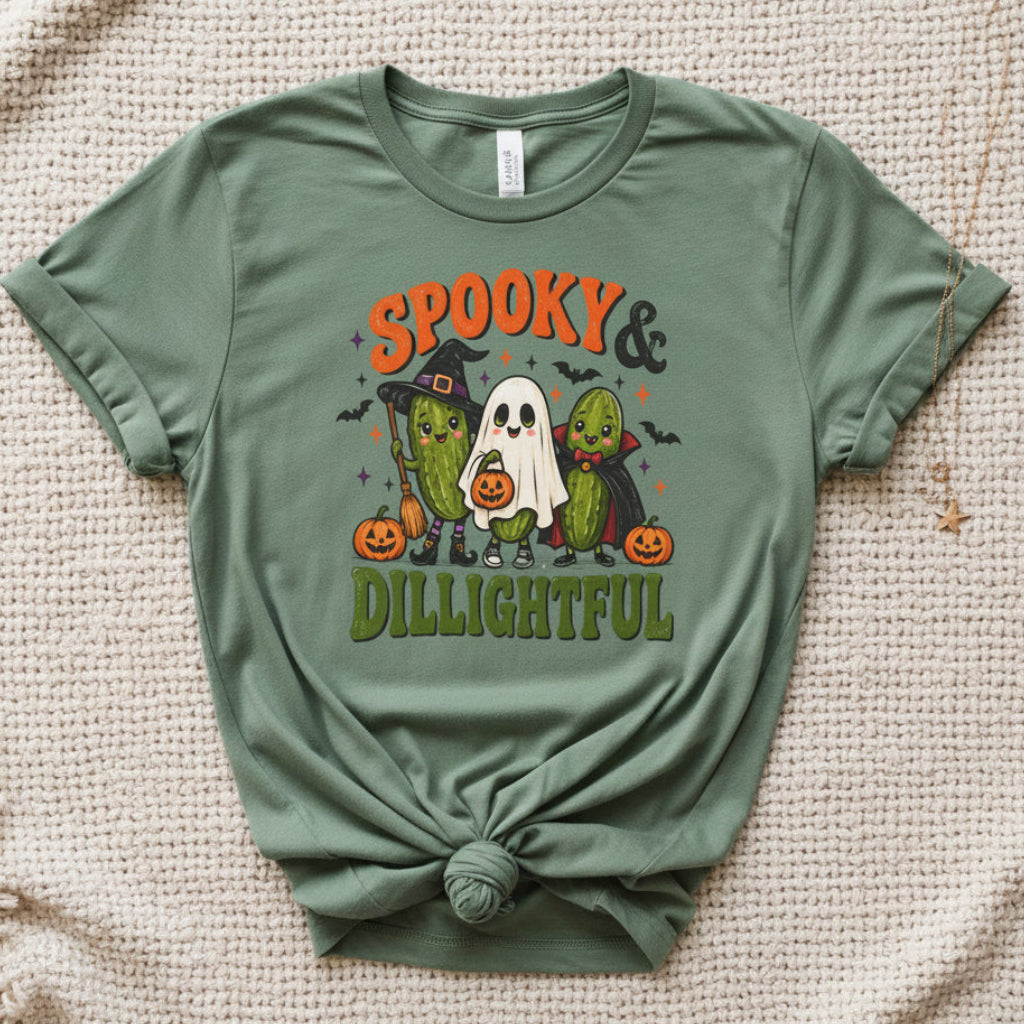 A sage green short-sleeve t-shirt with a colorful graphic on the chest featuring three Halloween-themed cucumbers, a ghost, pumpkins, and the text 'SPOOKY & DILLIGHTFUL'.