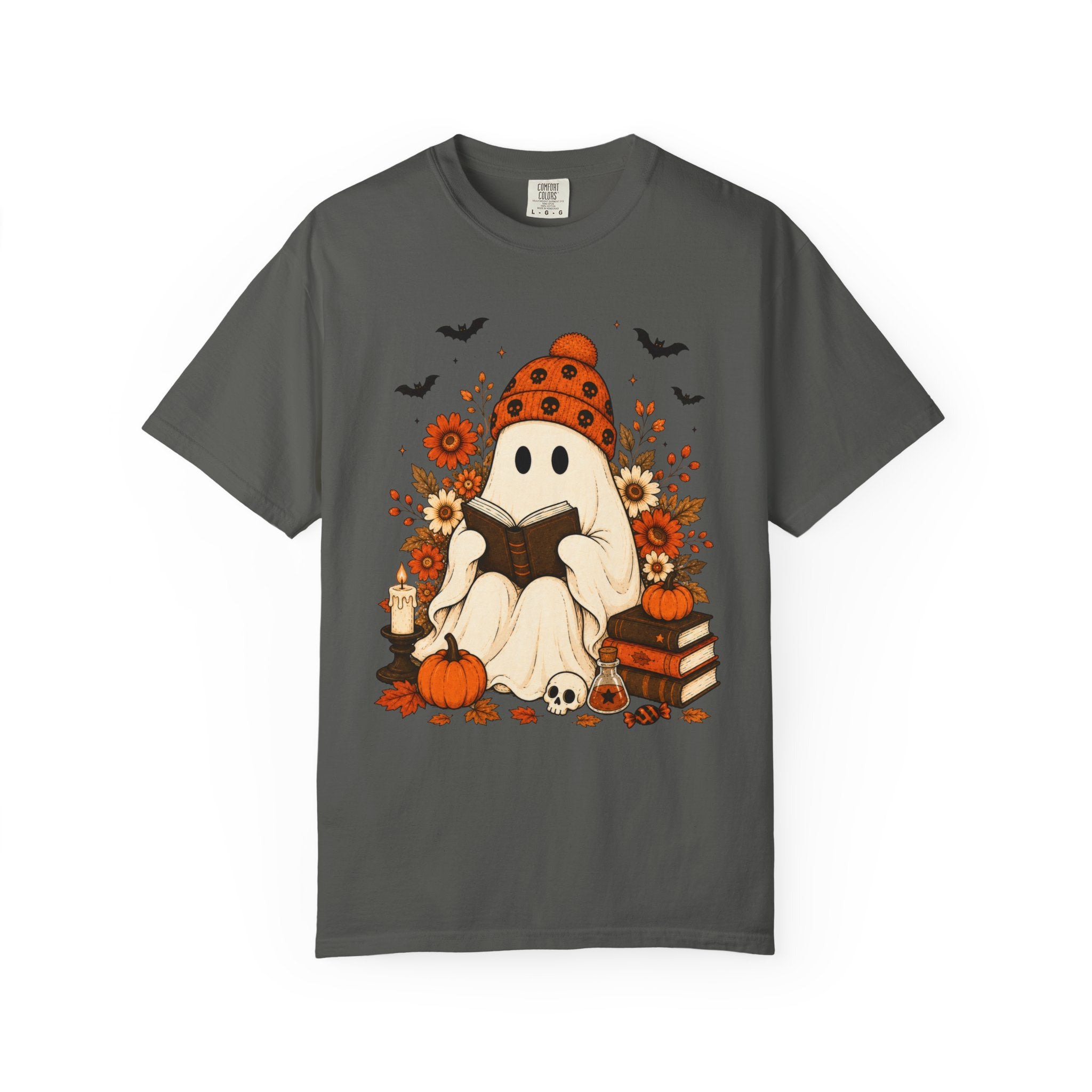 Cozy Halloween Ghost Tee — Reading Ghost with Pumpkin & Books