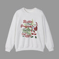 A light gray crewneck sweatshirt featuring a festive Christmas graphic with a cartoon Santa Claus and the text 'Rollin' a Blunt, Puffin' it Twice, Gonna Go High & Be Nice'.