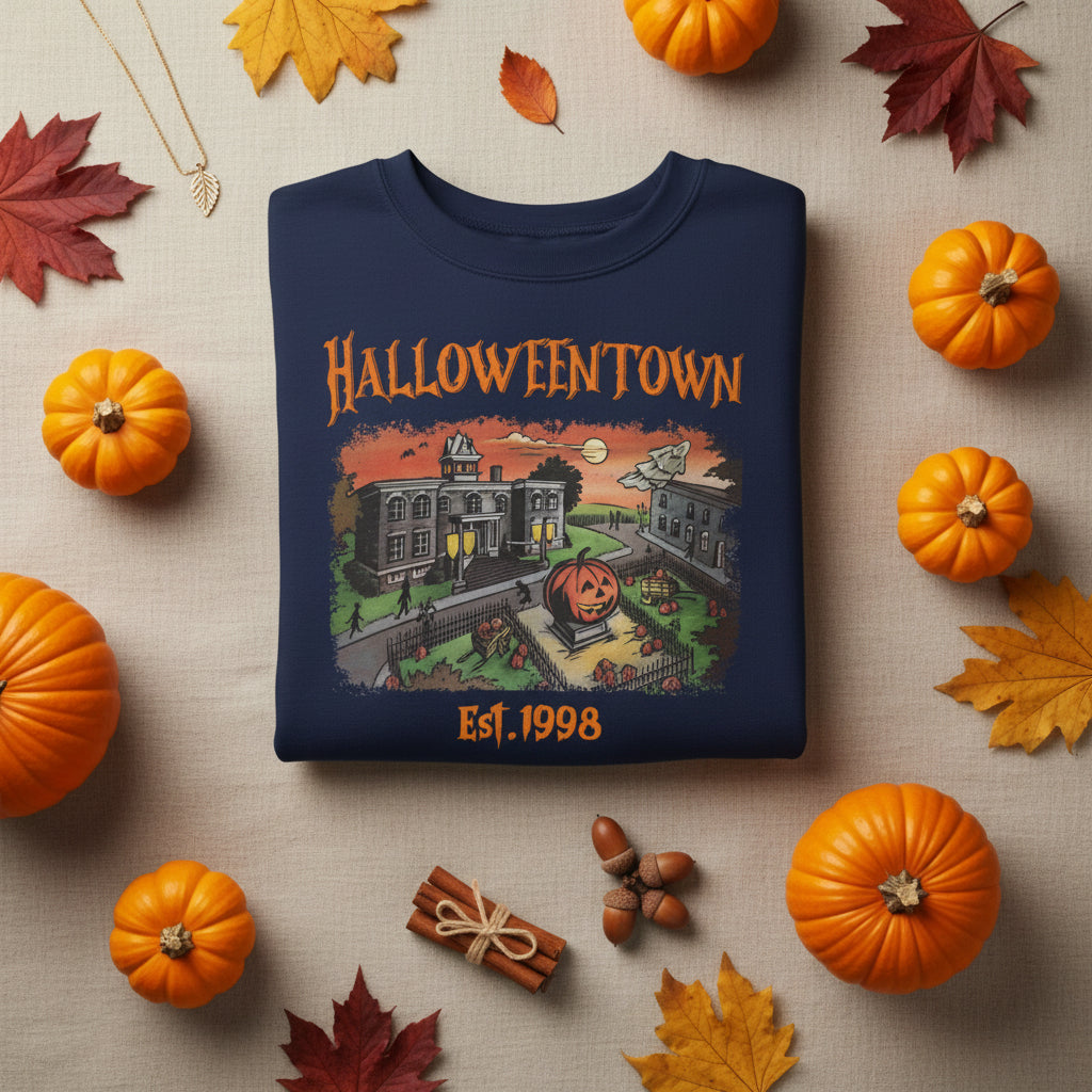 A navy blue crewneck sweatshirt featuring a colorful graphic print of a haunted Halloween town with the text 'HALLOWEENTOWN' and 'Est. 1998' in orange.