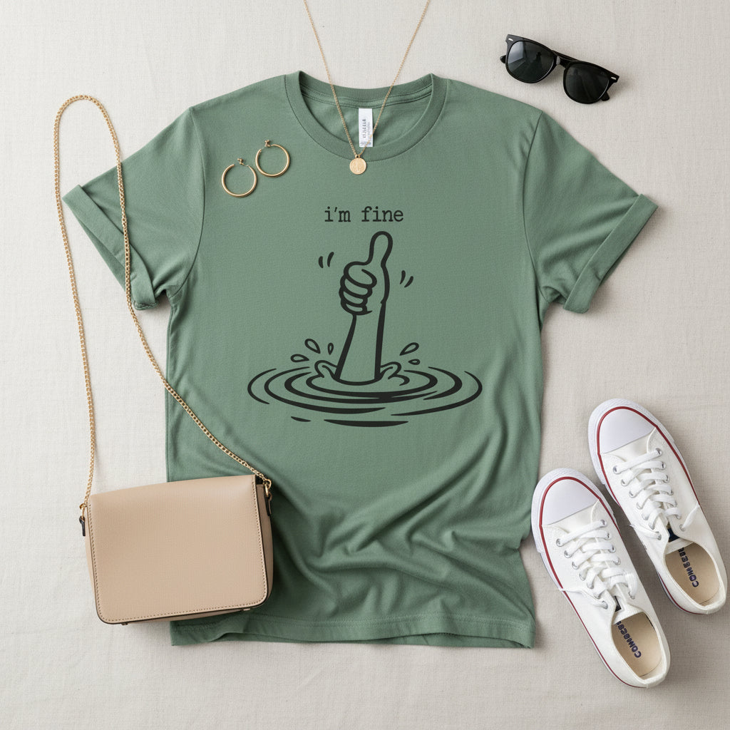 Green t-shirt-  Funny “I’m Fine” T-shirt featuring a simple, sarcastic design for anyone who is totally fine-ish. A relatable graphic tee perfect for introverts, overthinkers, and anyone who loves dry humor.