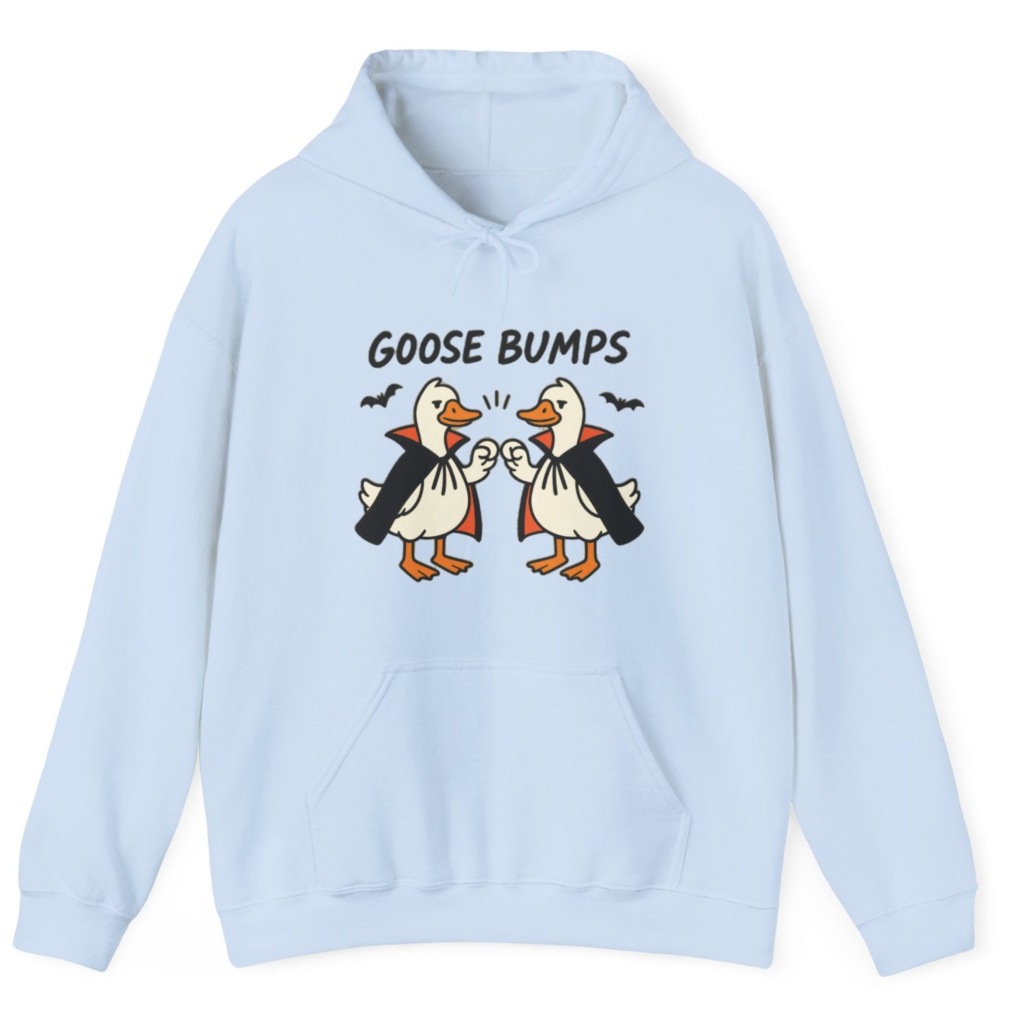 A light blue hoodie with a graphic of two geese in black and white costumes with orange beaks, under the text 'GOOSE BUMPS'. 