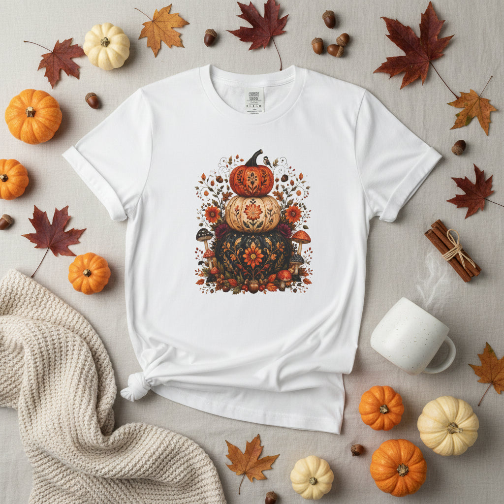 A white short-sleeve crewneck t-shirt featuring a central graphic of stacked jack-o'-lanterns in orange, black, and beige, surrounded by autumn leaves and mushrooms.