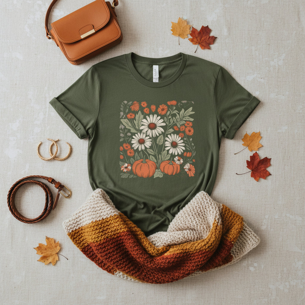 An military green short-sleeve crewneck t-shirt featuring a square graphic print of white daisies, orange flowers, and orange pumpkins on a white background.