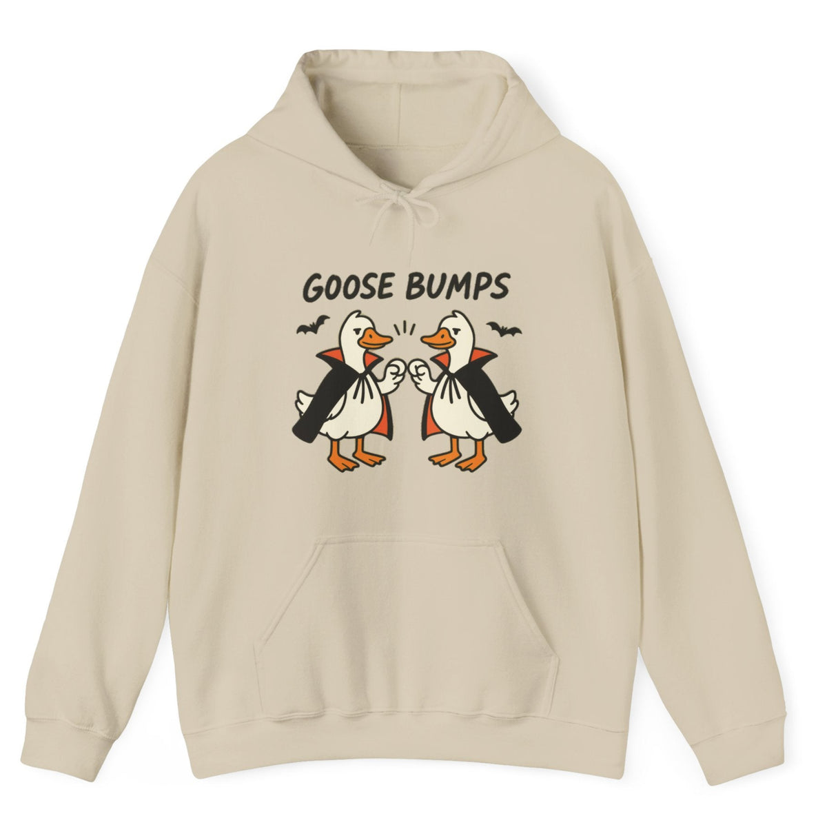 A sand/beige hoodie with a graphic of two geese in black and white costumes with orange beaks, under the text 'GOOSE BUMPS'. 
