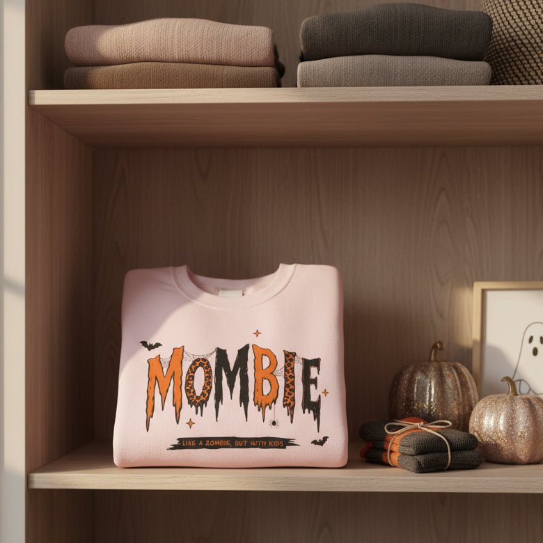 A light pink crewneck sweatshirt featuring a Halloween-themed graphic on the front that reads 'MOMBIE' in dripping orange and black letters with leopard print details, accompanied by small bat and star accents.