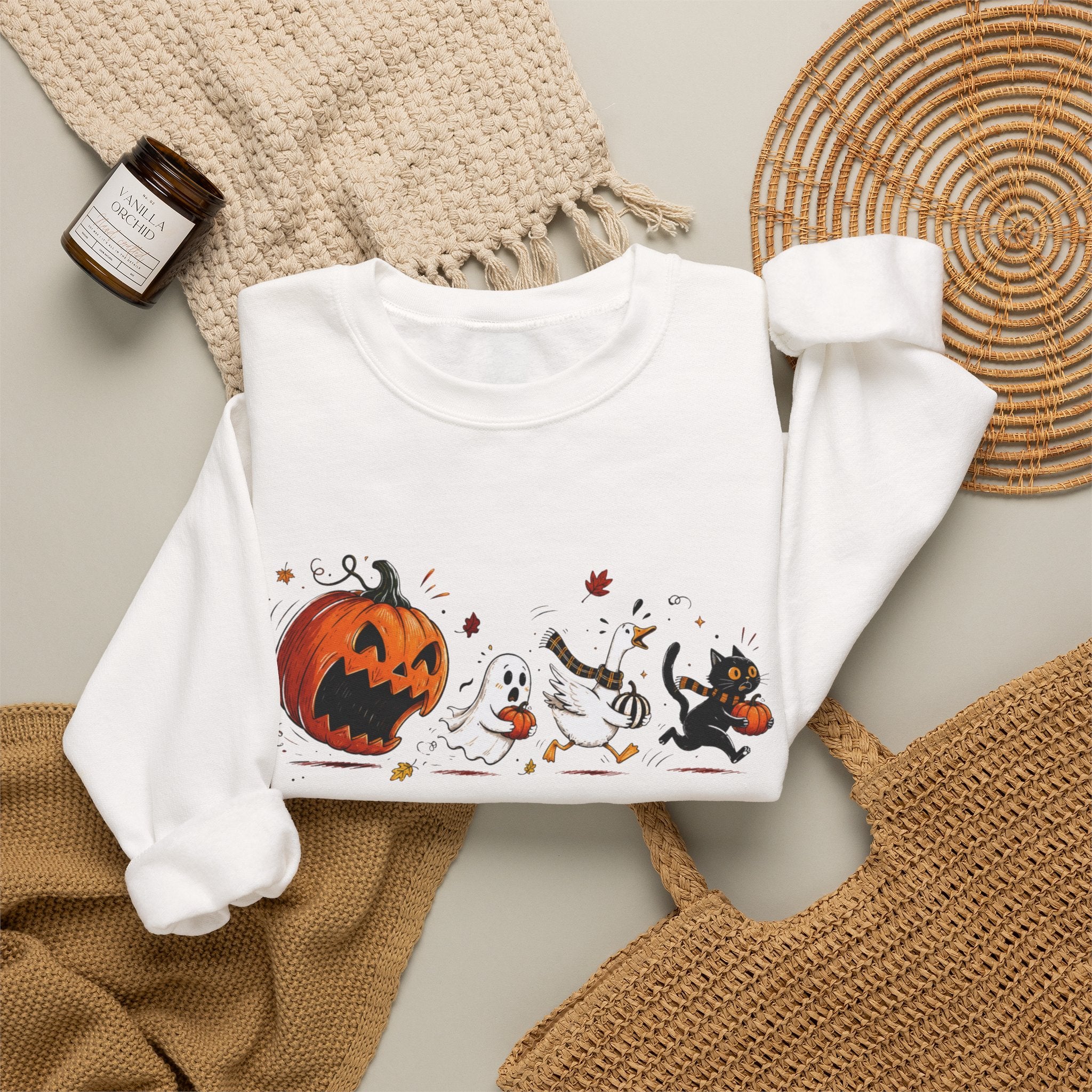 Halloween Crewneck Sweatshirt — Ghost & Jack-o'-Lantern Graphic