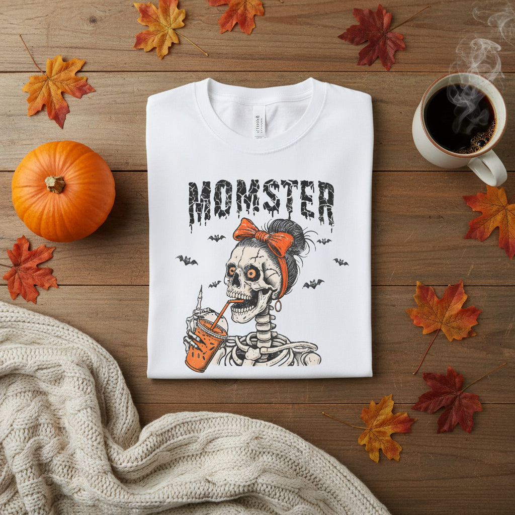 A white short-sleeve crewneck t-shirt featuring a graphic of a skeleton woman with a black bow and orange hair accessory, holding an orange drink, with the word 'MOMSTER' printed above in a distressed black font.