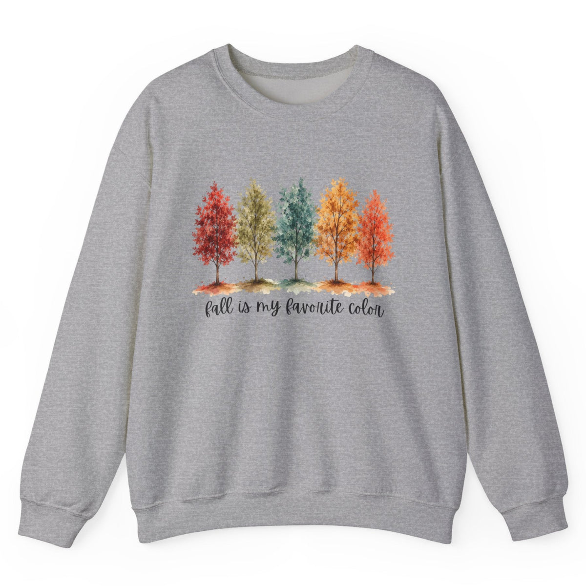 A heather gray crewneck sweatshirt featuring a graphic of five colorful autumn trees and the text 'fall is my favorite color' printed on the chest, displayed against a plain white background.
