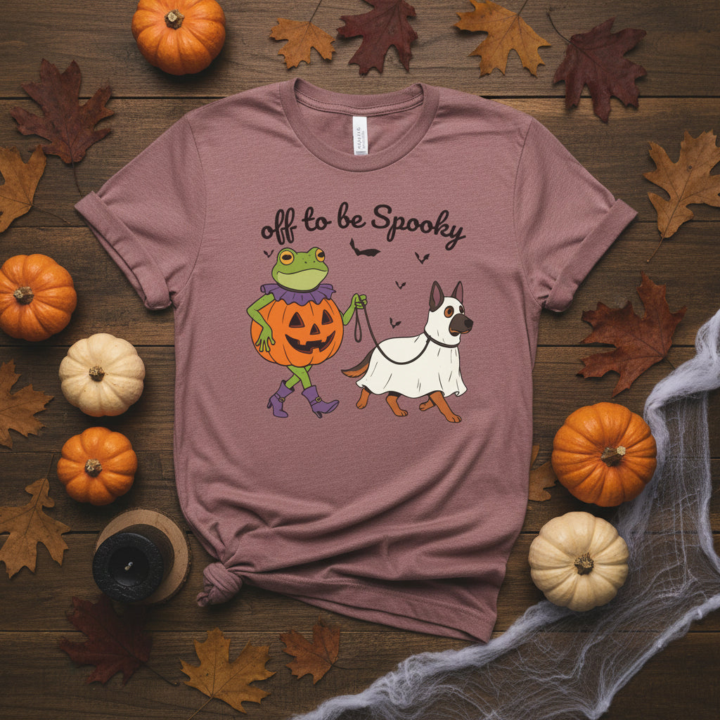 A heathered mauve short-sleeve t-shirt with a Halloween graphic of a green frog in a pumpkin costume and a white dog in a ghost costume, with the text 'off to be Spooky' above them.