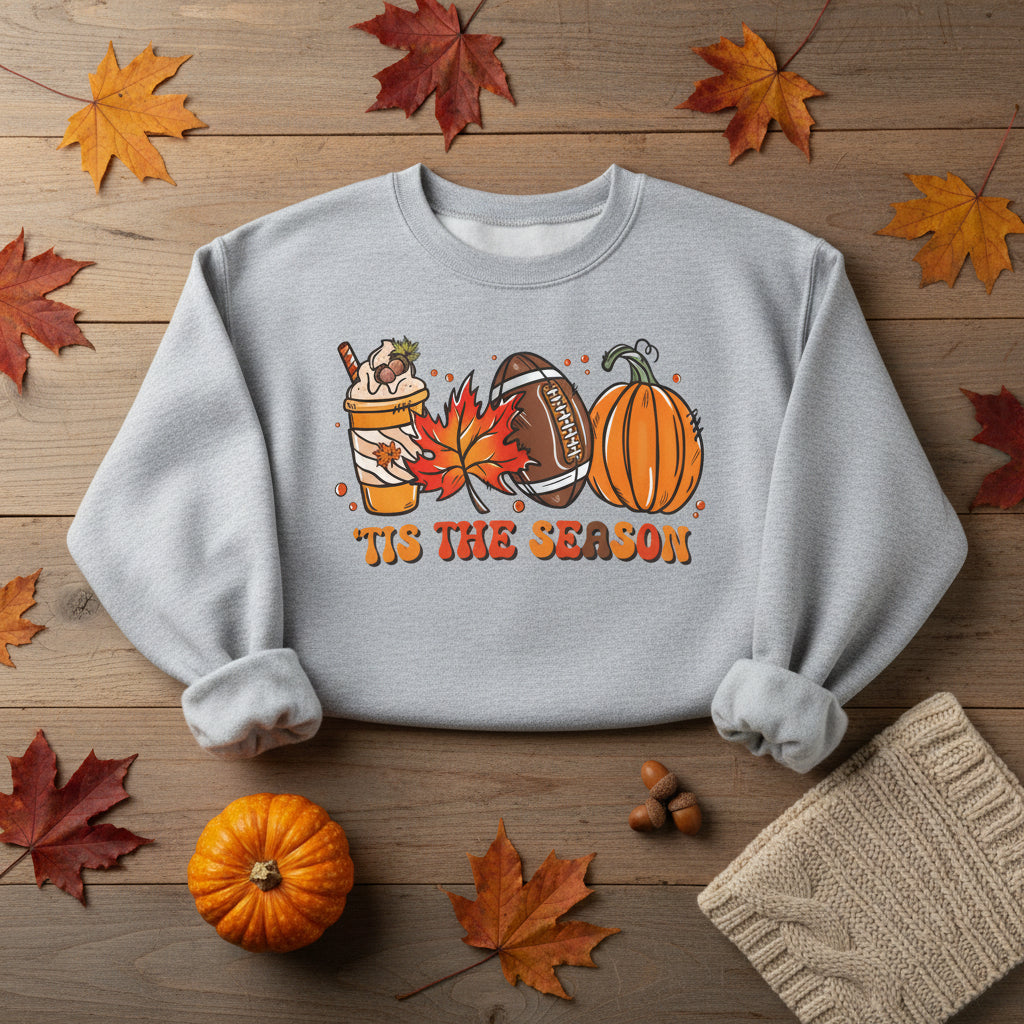 A heather gray crewneck sweatshirt featuring a colorful autumn-themed graphic with a hot chocolate cup, a maple leaf, a football, a pumpkin, and the text 'TIS THE SEASON' in orange.
