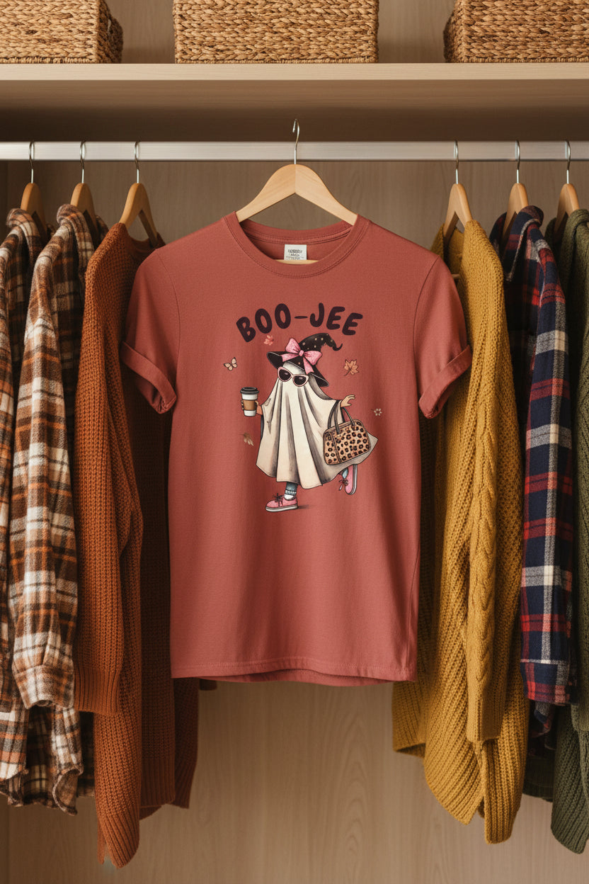 Boo-Jee Ghost T-Shirt — Cute Ghost with Coffee & Leopard Tote, Halloween Cozy Tee
