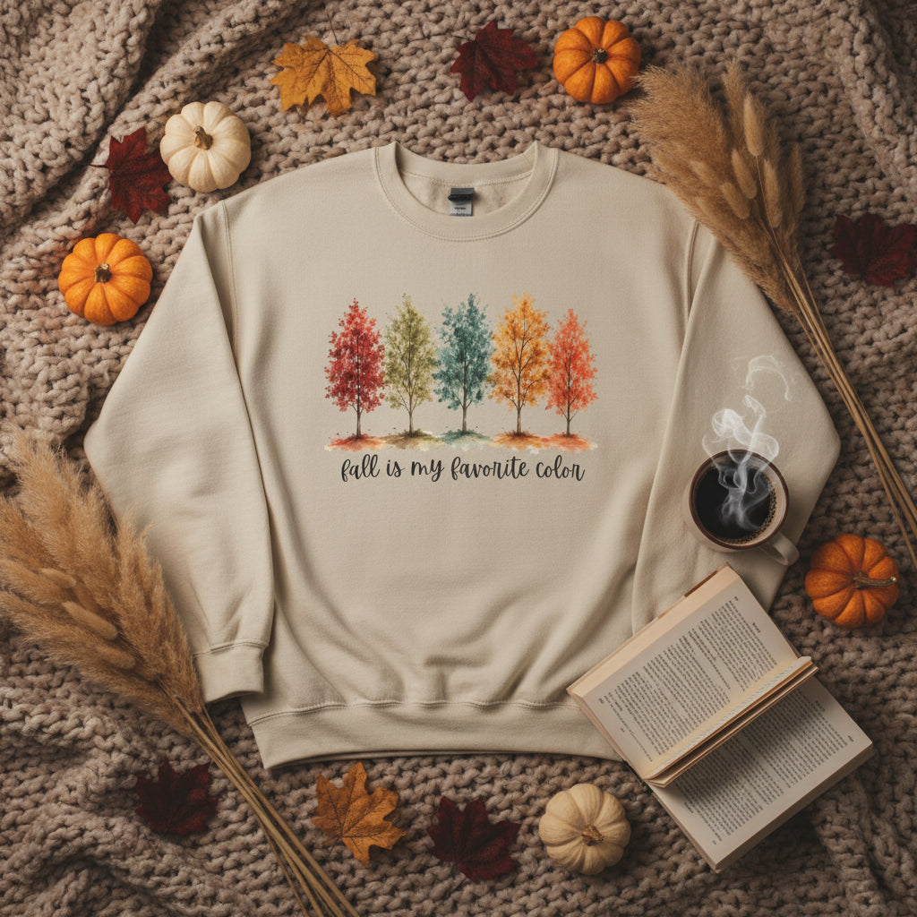 A beige crewneck sweatshirt featuring a graphic of five colorful autumn trees with the text 'fall is my favorite color' printed below, displayed on a clean white background.