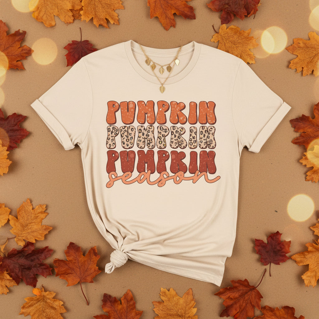 A light beige short-sleeve t-shirt with a retro graphic on the chest reading 'PUMPKIN PUMPKIN PUMPKIN season' in orange, brown, and leopard-print lettering, displayed on a clean white background.