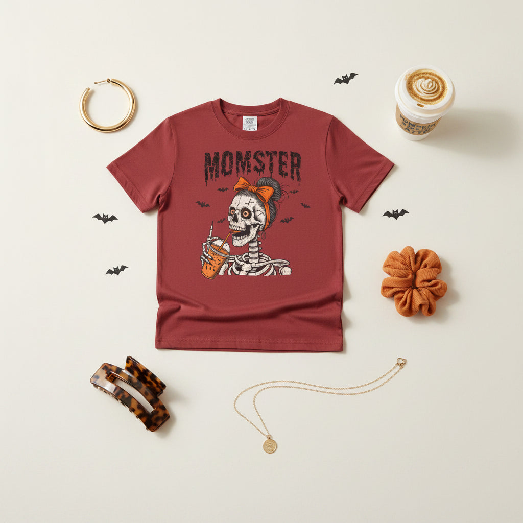 A crimson short-sleeve crewneck t-shirt featuring a Halloween graphic of a skeleton drinking from an orange cup, with the word 'MOMSTER' printed above in a distressed black font.