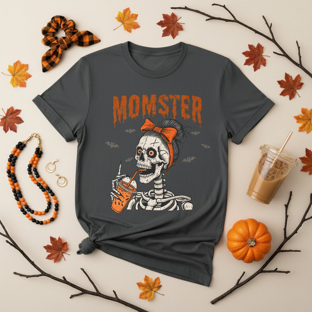 A dark gray short-sleeve t-shirt with a Halloween graphic of a skeleton drinking an orange drink under the word 'MOMSTER' in orange dripping letters.