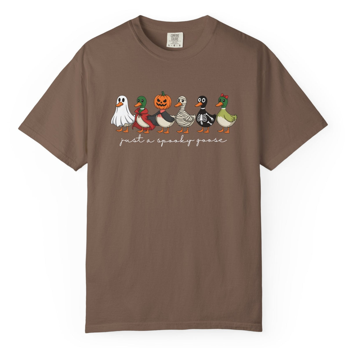 A brown short-sleeve crewneck t-shirt featuring a graphic of six cartoon ducks dressed in Halloween costumes with the text 'just a spooky goose' printed below them, displayed on a clean white background.