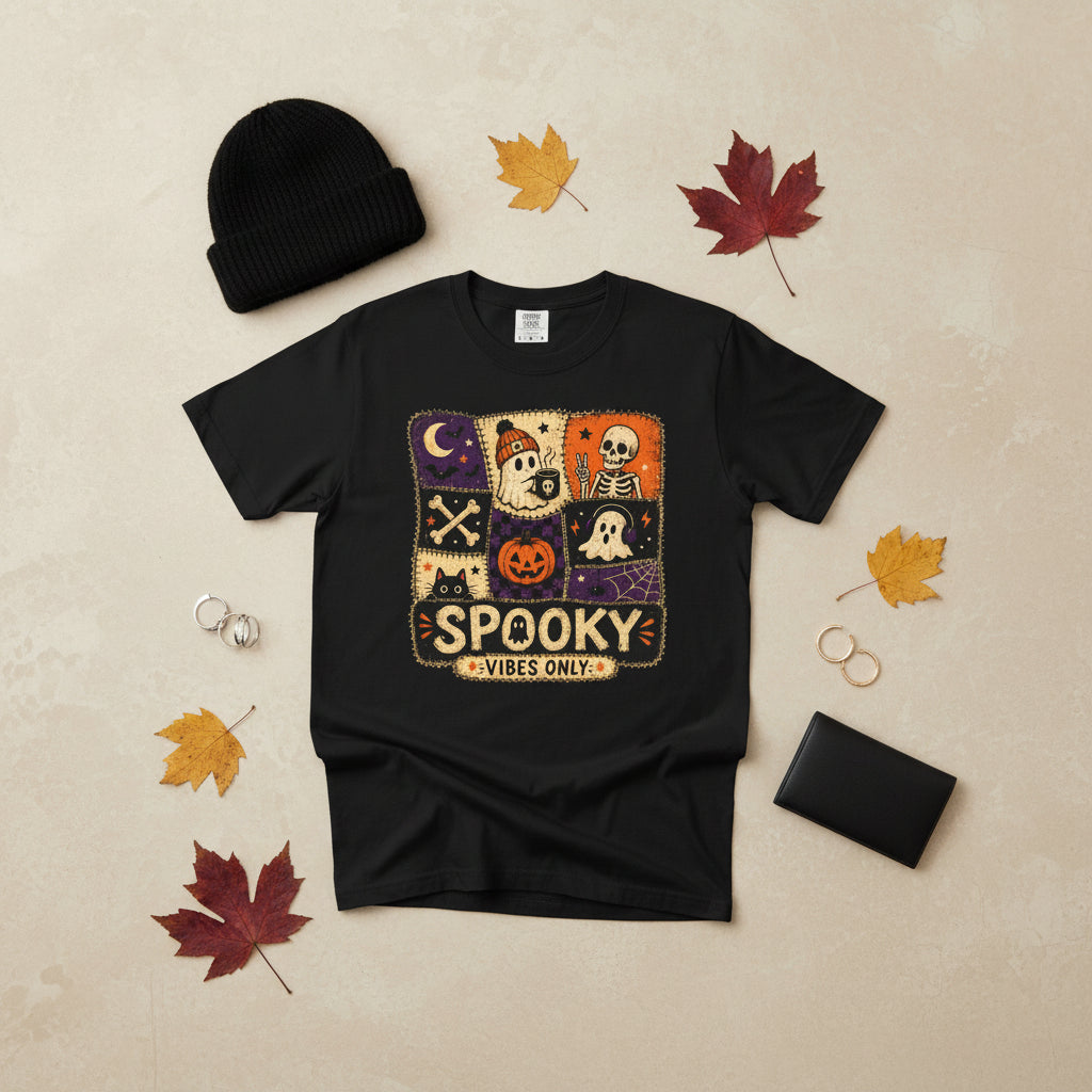 A black short-sleeve crewneck t-shirt featuring a square Halloween-themed graphic print on the front with illustrations of a skeleton, ghosts, a jack-o'-lantern, a crescent moon, and the text 'SPOOKY VIBES ONLY'.
