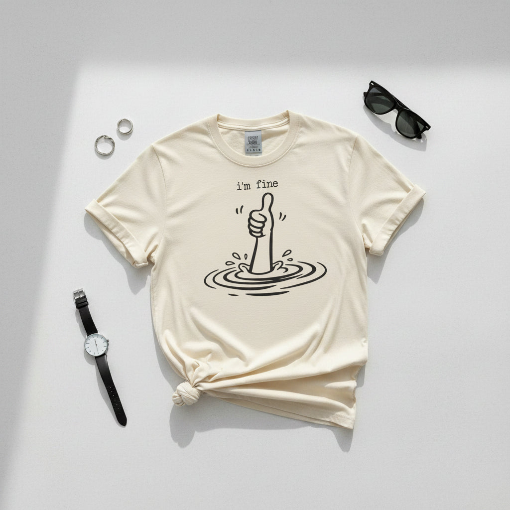 A cream-colored short-sleeve t-shirt with a black graphic of a hand giving a thumbs-up while sticking its head out of ripples, with the text 'i'm fine' above it.