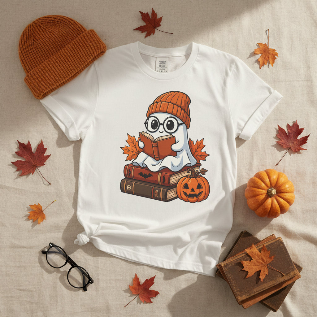 A white short-sleeve crewneck t-shirt featuring a cartoon graphic of a cute ghost wearing an orange knit beanie and reading a book, surrounded by autumn leaves, old books, and a jack-o'-lantern pumpkin.