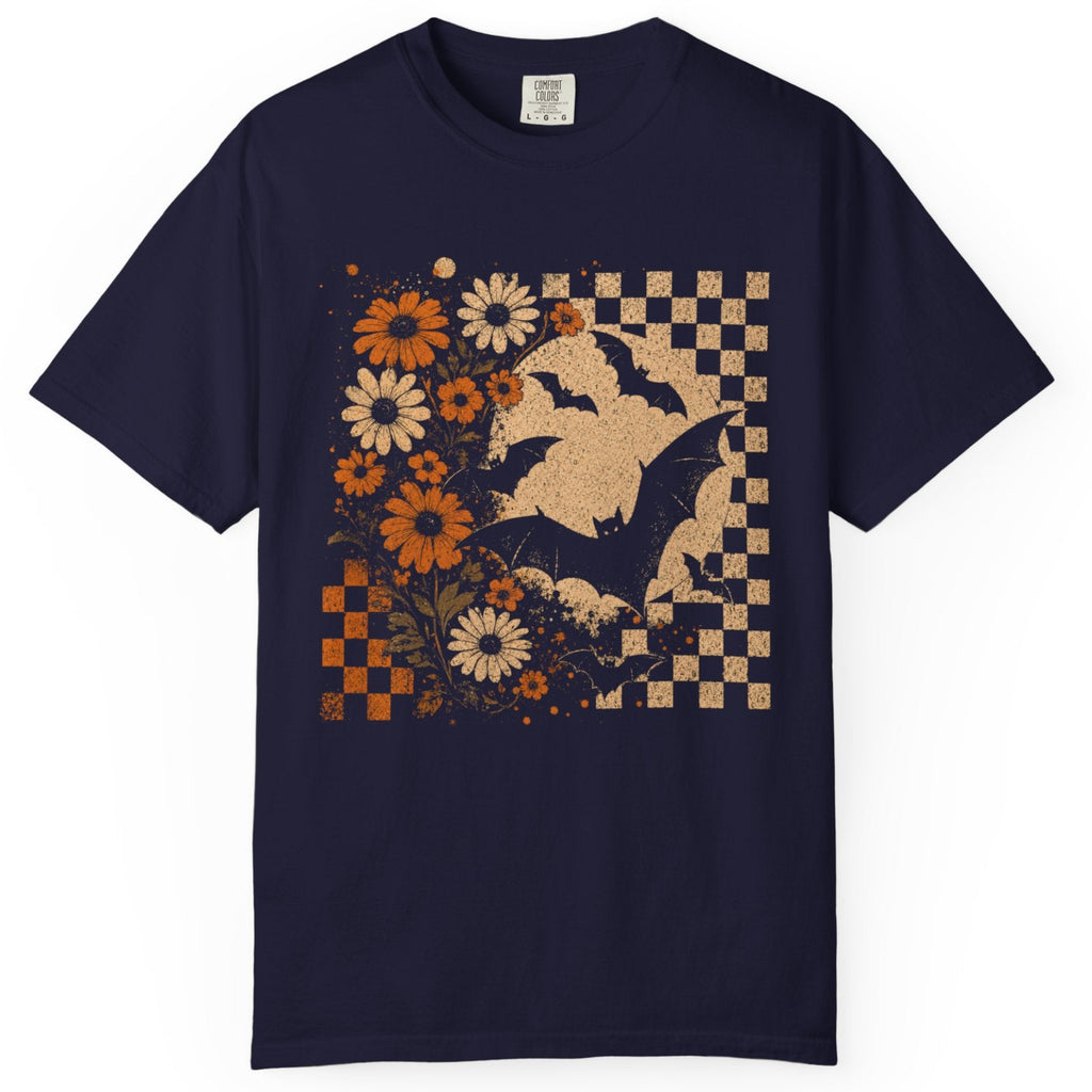 Vintage Bat & Daisies Checkerboard Halloween T-Shirt | Retro Fall Floral Tee