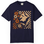 Vintage Bat & Daisies Checkerboard Halloween T-Shirt | Retro Fall Floral Tee