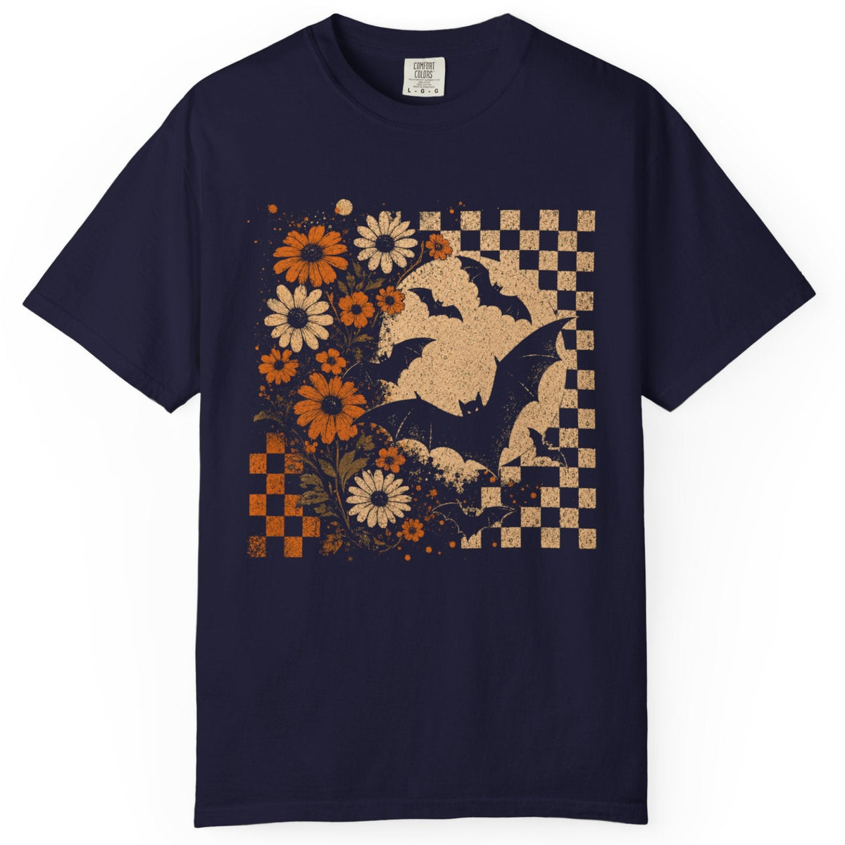 Vintage Bat & Daisies Checkerboard Halloween T-Shirt | Retro Fall Floral Tee