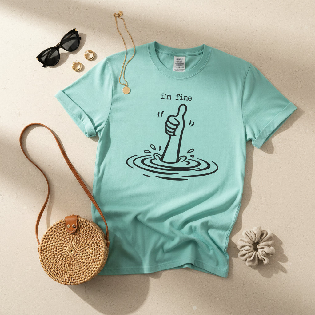 A teal short-sleeve crewneck t-shirt featuring a black graphic of a hand giving a thumbs-up with ripples and the text 'i'm fine' printed on the chest.