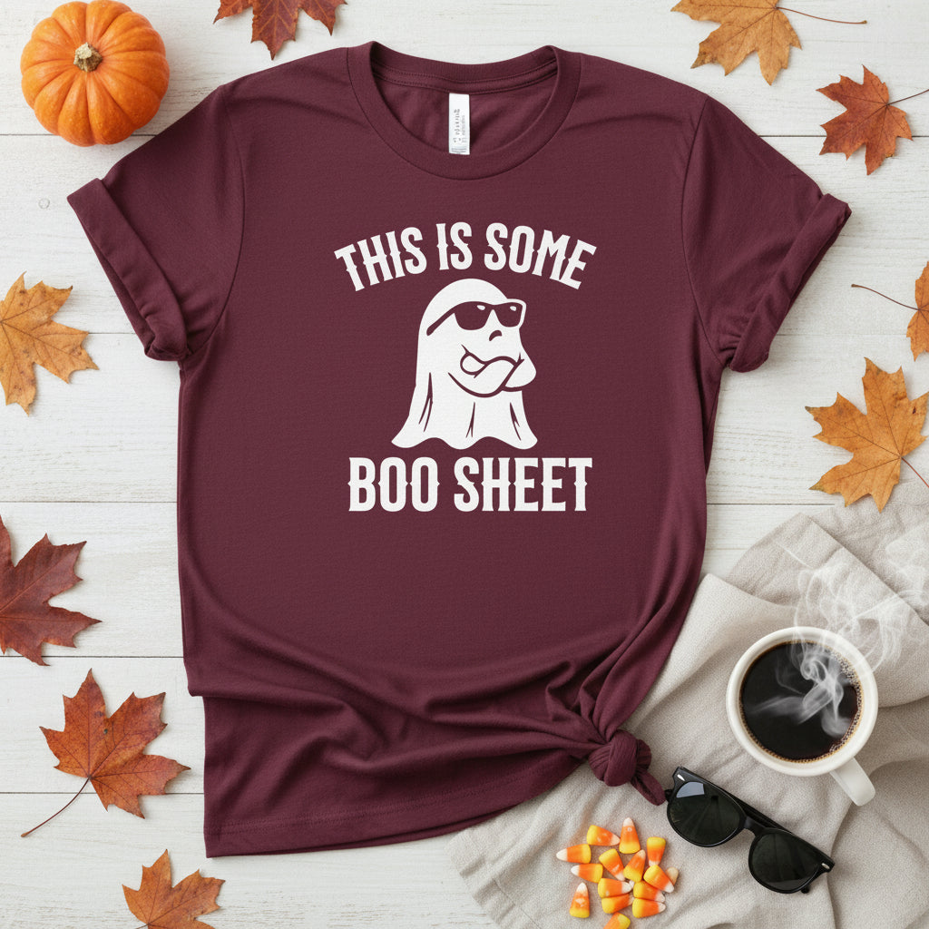 Maroon t-shirt with ghost and text this is some boo sheet