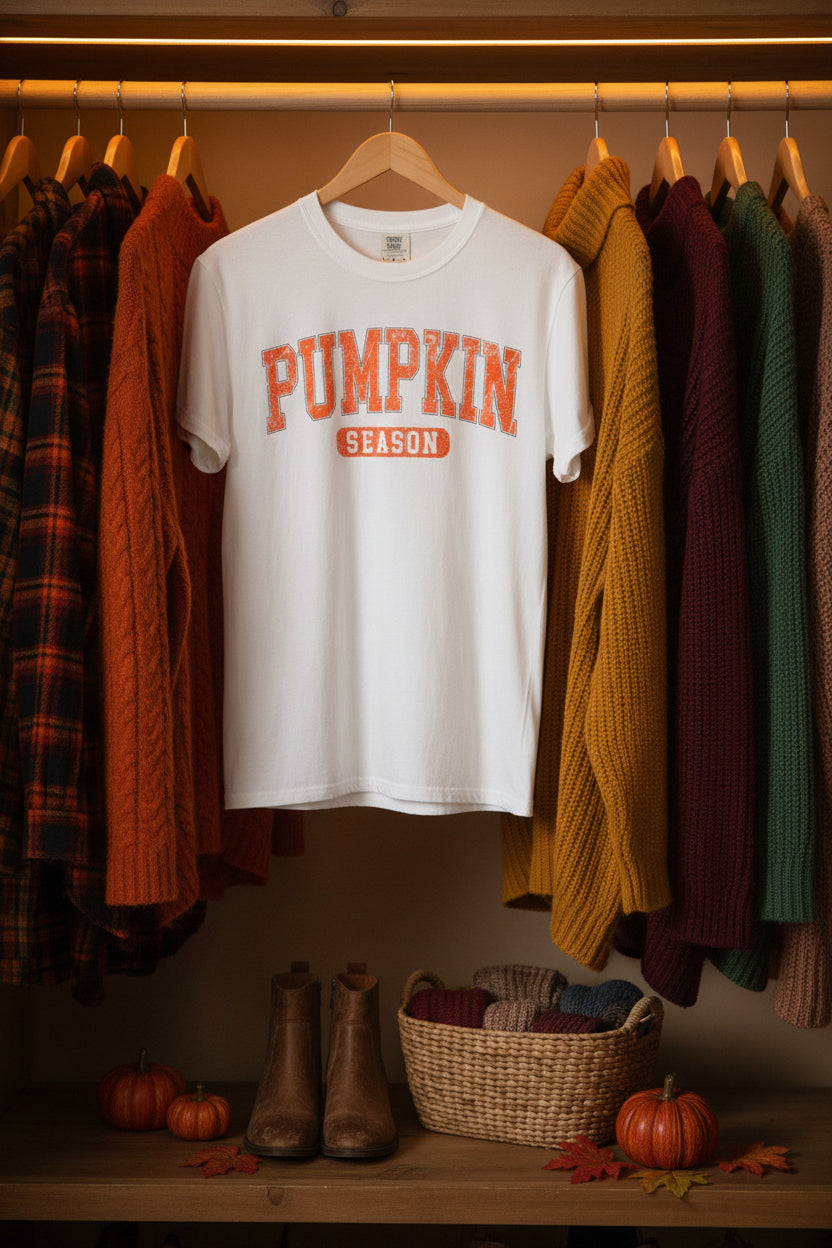A white short-sleeve crewneck t-shirt featuring a distressed orange graphic on the chest that reads 'PUMPKIN SEASON'.