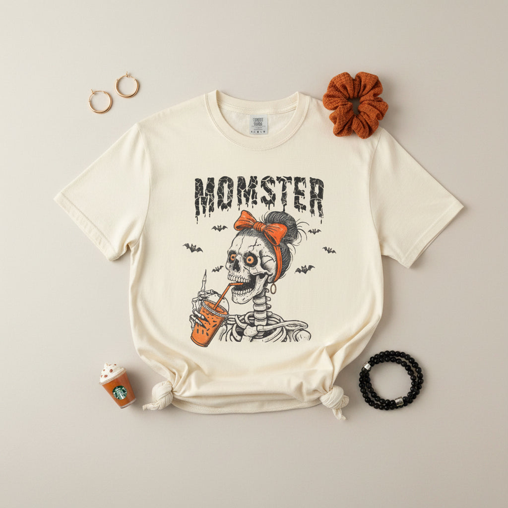 An off-white short-sleeve t-shirt with a graphic of a skeleton woman drinking from an orange cup, with the word 'MOMSTER' above her and small bat silhouettes, shown on a plain white background.